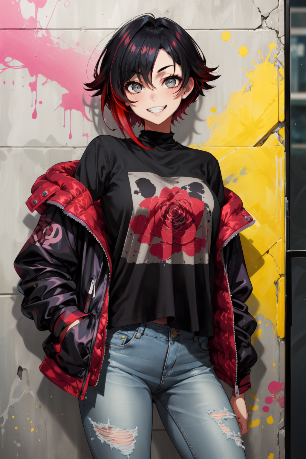00720-2821142746-masterpiece,best quality,1girl,ruby rose,gradient hair,black hair,red hair,gray eyes,jacket,open jacket,black shirt,jeans,grin,a.png